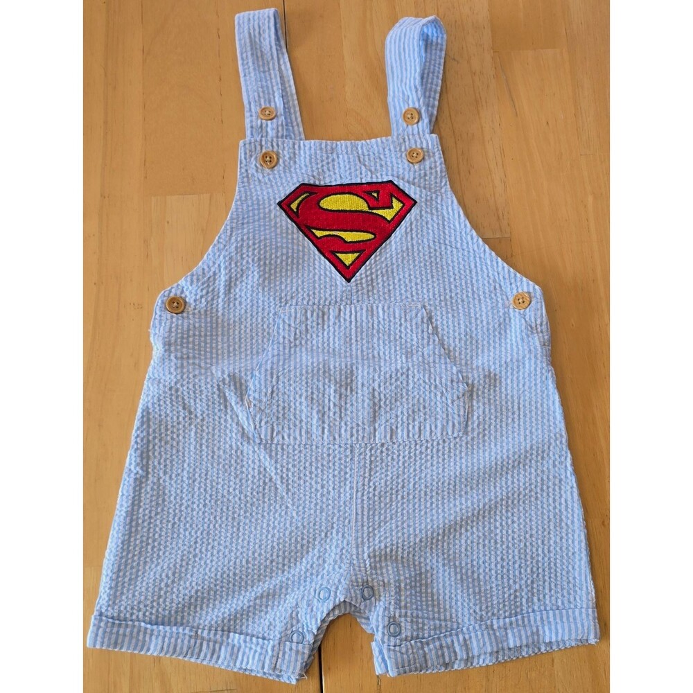 DC Superman Seersucker Striped Overall One-Piece Light Blue/White 12-18M
